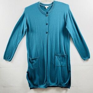 J JILL Teal WOOL BLEND 3-Button Long Cardigan Pockets Women's Size Large Tall